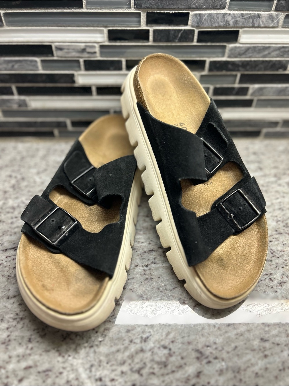 Birkenstock Papillio Black Suede Double Strap Slide platform Sandals size 9(40)